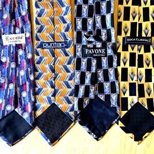 Lot 4 VTG Men Silk Ties Pavone Italy, Excello, Puritan, Boca Classics 80s 90s
